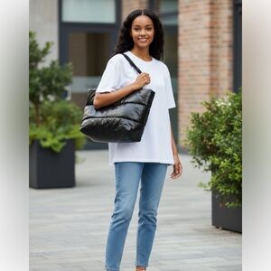 Old Navy Black Puffer Tote Lg Nylon Waterproof Shoulder Bag Padded Chic Grunge